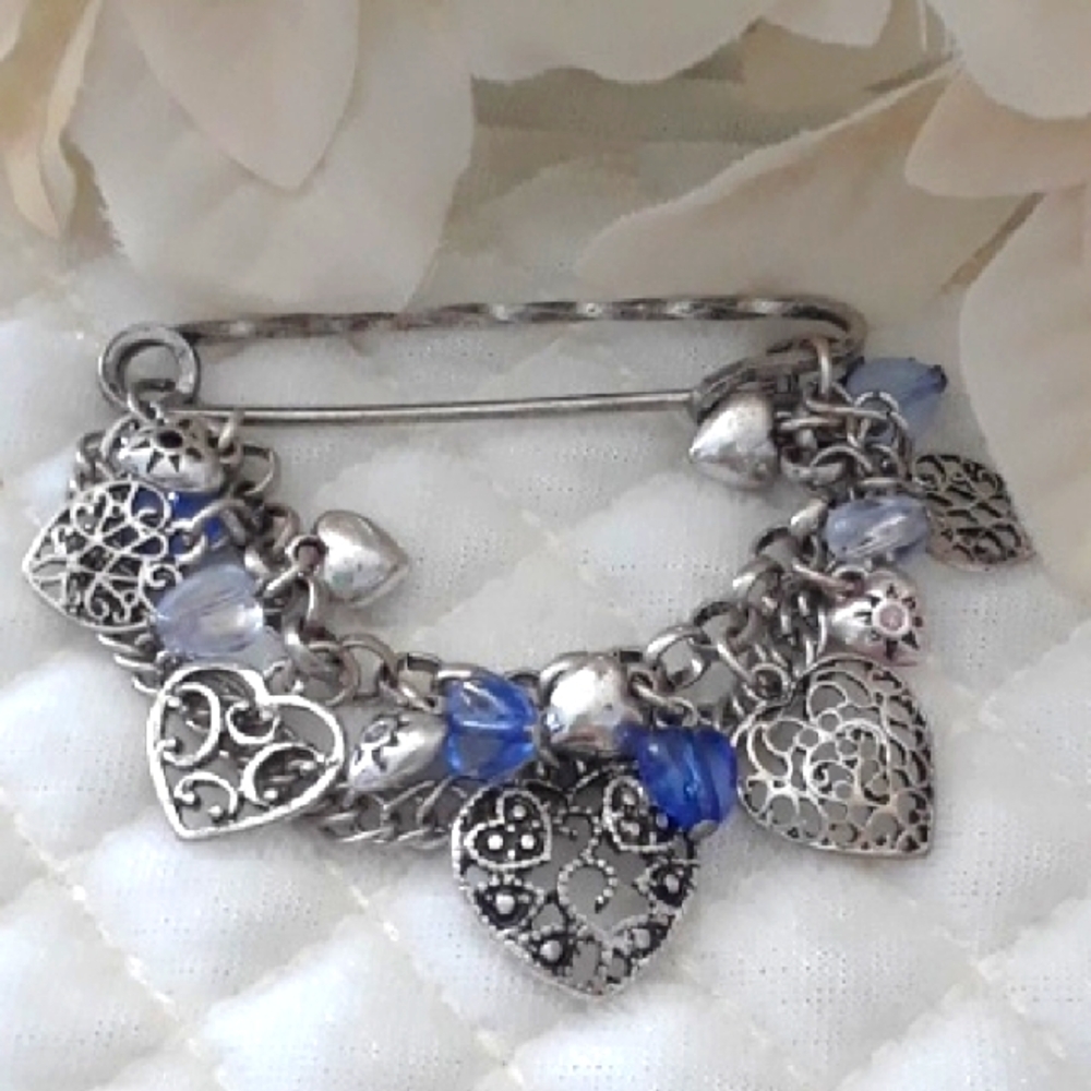 Silver and Blue Heart Charm Brooch